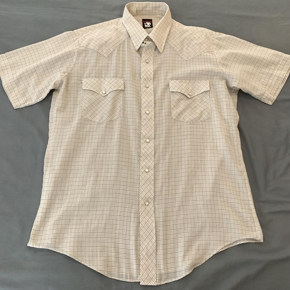 Karman Western Shirt Mens Large Beige Plaid Short Sleeve Snap Front Casual